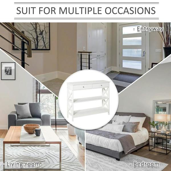 White console table with drawers and open shelves, X-shaped frame for living room use
