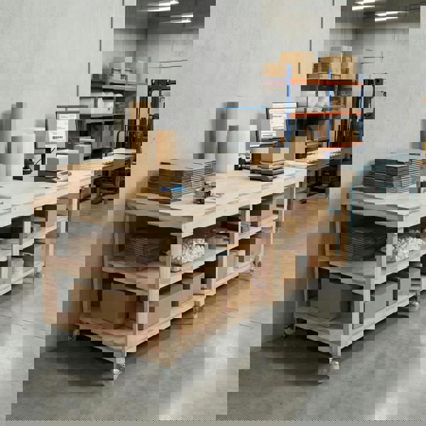 Arbor Garden Solutions Wooden Workbench Eucalyptus Hardwood Top Depth-4ft Double Shelf and Wheels