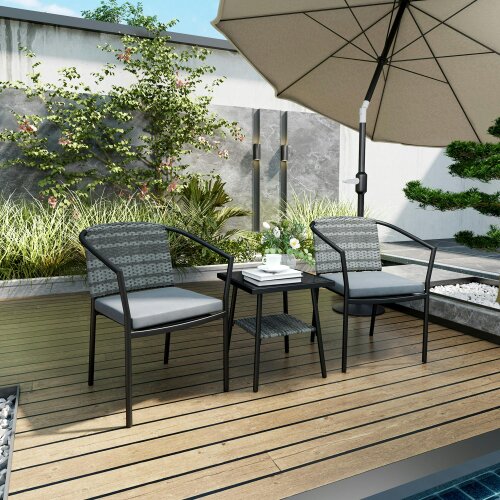 Wyld Haus Midi Grey Rattan 3 Piece Bistro Set With Cushions And Glass Coffee Table