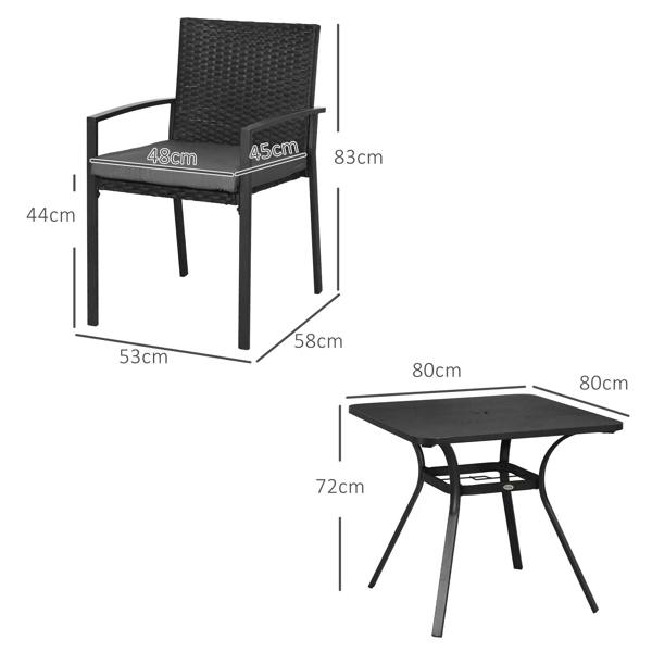 Black rattan dining chair and table size diagram with cushion and armrests