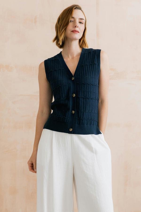 Lily & Me Sophie Pointelle Knit Sleeveless Waistcoat Navy