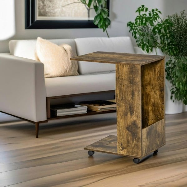 Rafaelo Mobilia Industrial Brown C Shaped Side Table With Storage & Wheels