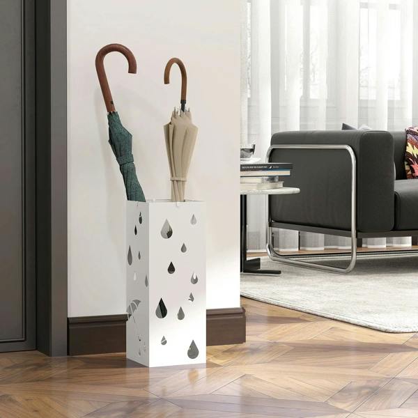 White six-umbrella umbrella stand with raindrop pattern, holding two umbrellas