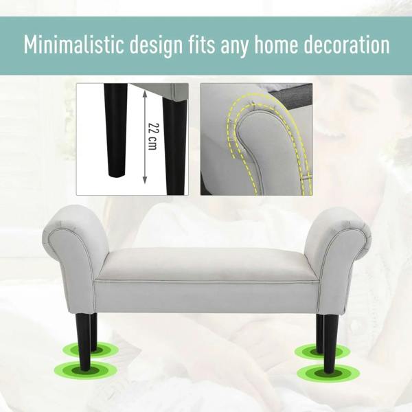 Greyish white upholstered bench with rounded arms and dark legs, cushioned seat