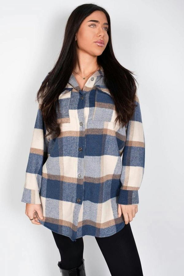 Luisa Plaid Print Long Sleeve Button Down Shacket - Blue