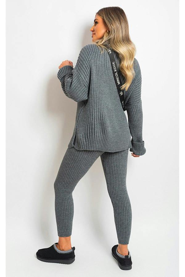 Mila Chunky Knitted High Roll Neck Top Bottom Co-ord Set - Dark Grey