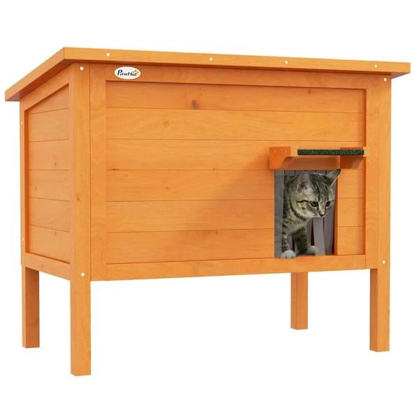 Orange wooden outdoor cat house with open front entrance and raised legs