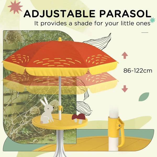 Yellow adjustable parasol with orange canopy and lion-themed print for kids