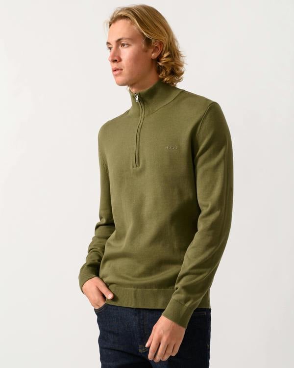 HUGO San Quintus-C2 Mens 1/4 Zip Funnel Neck Jumper - Open Green 389