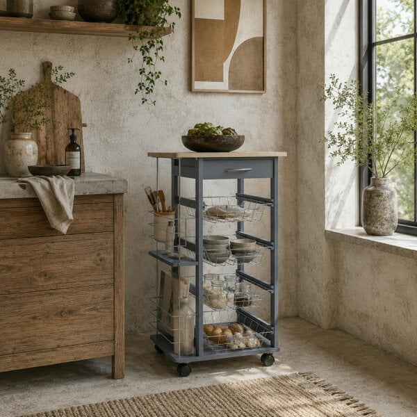 Wyld Haus Nerake Metal Grey Rolling Kitchen Cart With 4 Basket Drawers And Side Racks