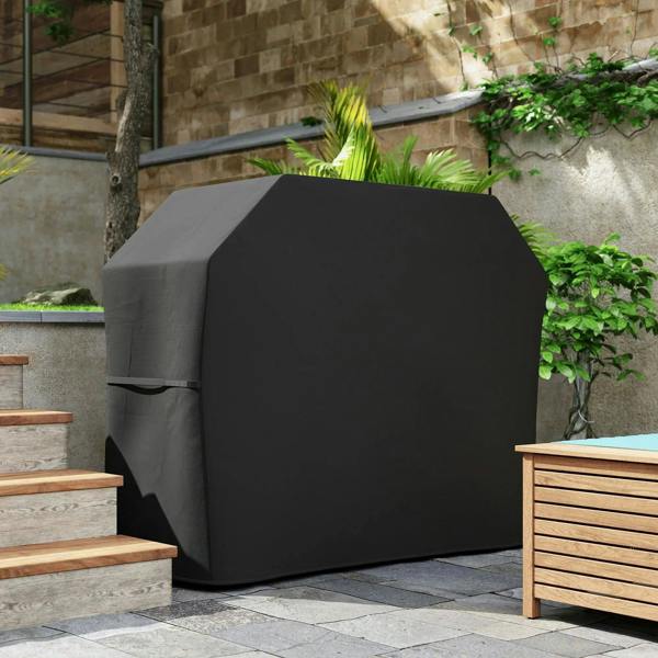 Black protective grill cover with smooth lid and side panel overlap for full coverage.