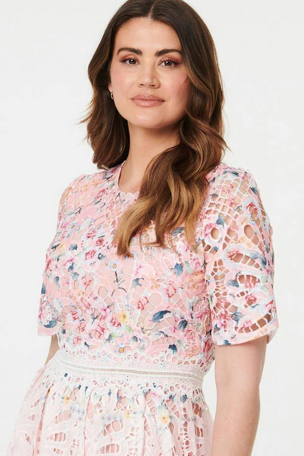 Pink | Floral Mesh Layer 1/2 Sleeve Midi Dress