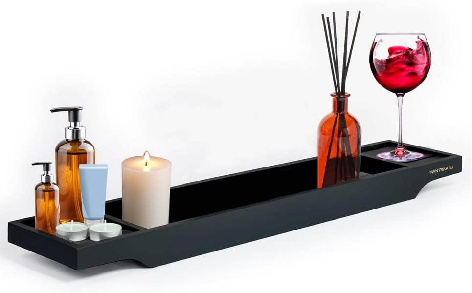 MANTRARAJ Bamboo Bath Caddy Wooden Bathtub Bridge Rack With Storage Shelf Organizer Tray