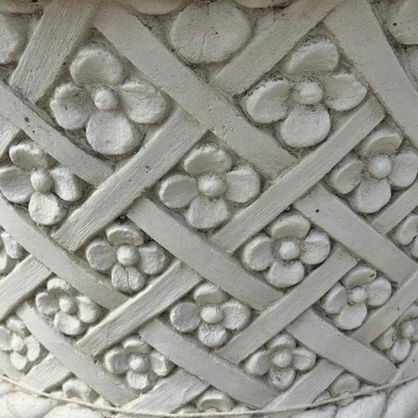 PDA Large Round White Stone Cast Wicker/Flower Design Planter Pot
