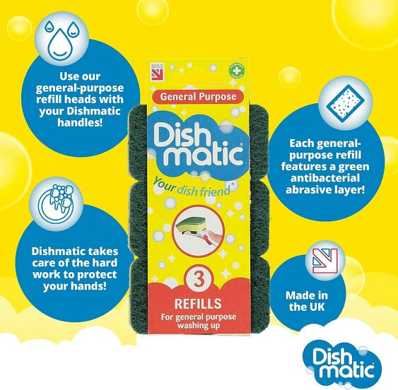 Dishmatic Green General-Purpose Washing-Up Sponge Refill Heads Pack of 3 x 9 – Kitchen Washing-Up Handle Refills