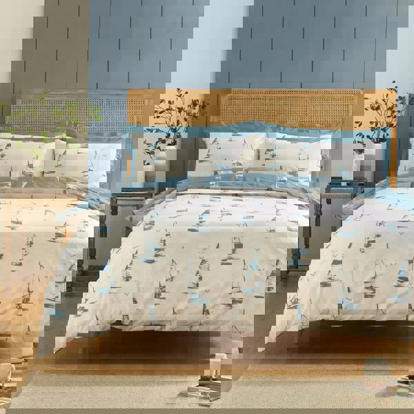Catherine Lansfield Salcombe Boats Reversible Duvet Cover Set Soft Blue