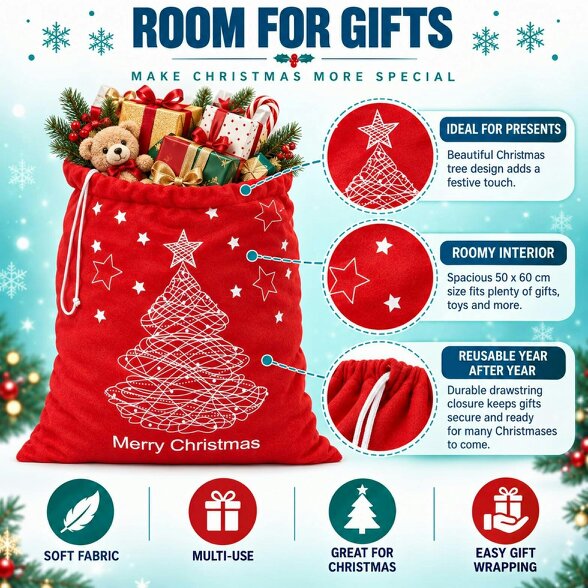 Shatchi 60cm x 45cm Red Merry Christmas Santa Sack with Festive Print for Gifts and Dressing Up