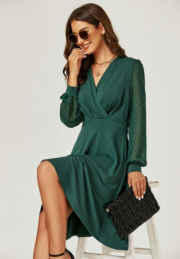 FS Collection Long Chiffon Sleeve Pleated Midi Dress In Dark Green