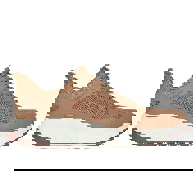 Skechers Bobs Squad 4 Chaos Mens Slip-Ins Casual Trainers, tan-colored athletic shoe with breathable mesh upper, cushioned white midsole, and brown rubber outsole for comfort and durability.