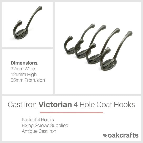 Hat & Coat Hook Victorian 4 hole Round Stem Ant Iron 110mm 