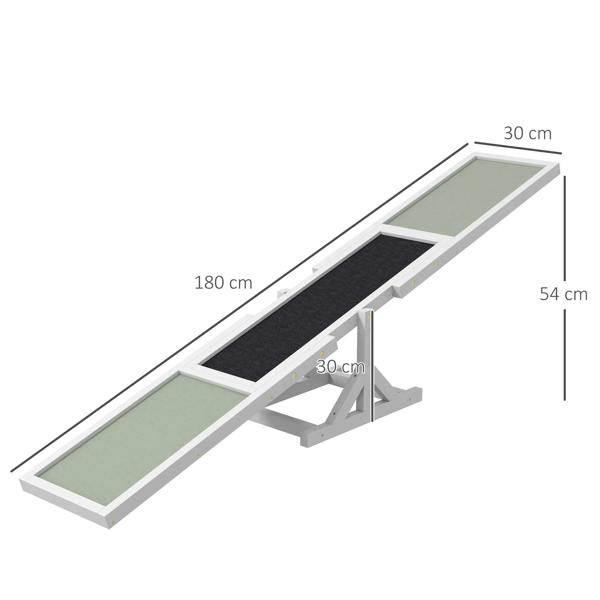 White wooden pet seesaw with black anti-slip center panel and raised balancing supports