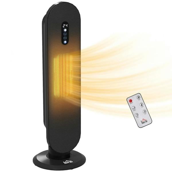 Black 45° oscillating ceramic space heater with remote, front panel display reads 24