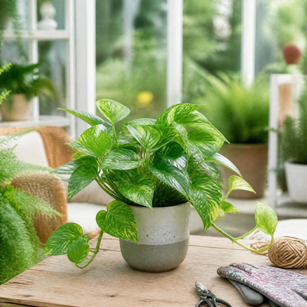 Epipremnum Aureum – Golden Pothos Devil’s Ivy Houseplant in 12cm Pot - Grey Stoneware Pot - 1