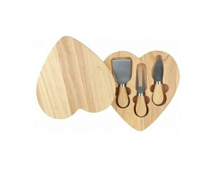 Diletto Gifts Rubberwood Heart Shaped Cheese Board with 3 Piece Accessory Set
