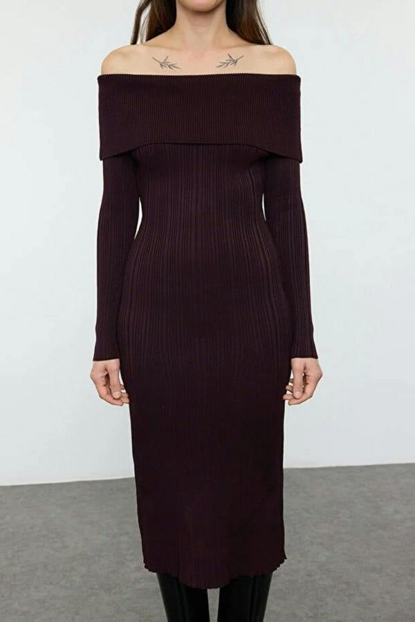 WOVCOR Midi Knit Basic Carmen Collar Dress