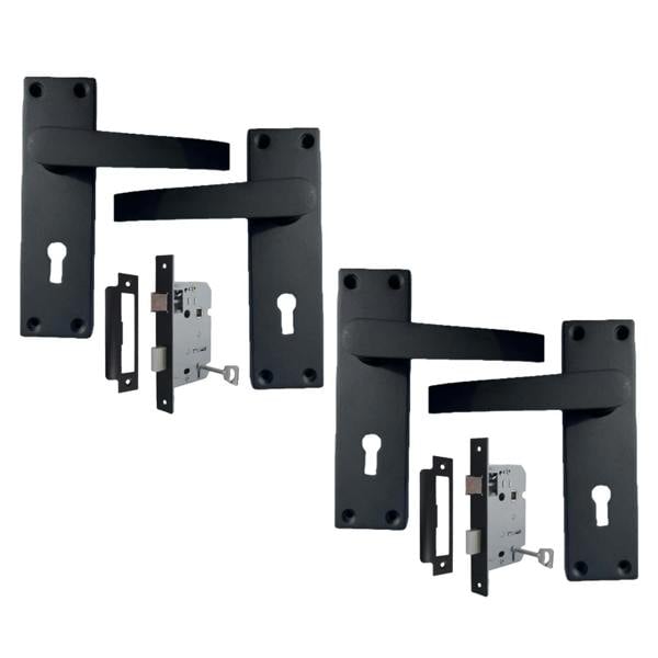 EDH Door Hardware Matt Black Door Handles Victorian Straight Lock Handles and Sash Lock 2 Pairs
