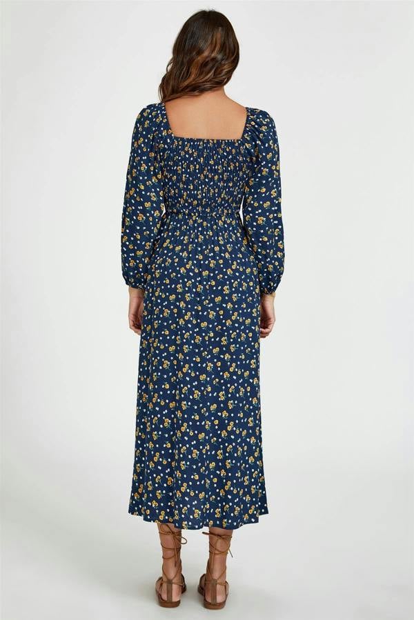 FS Collection Floral Print Square Neck Maxi Dress In Dark Blue