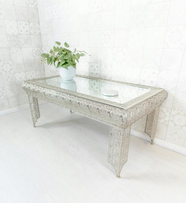 Silver Embossed Metal Mirrored Glass Coffee Table - Agadir Range