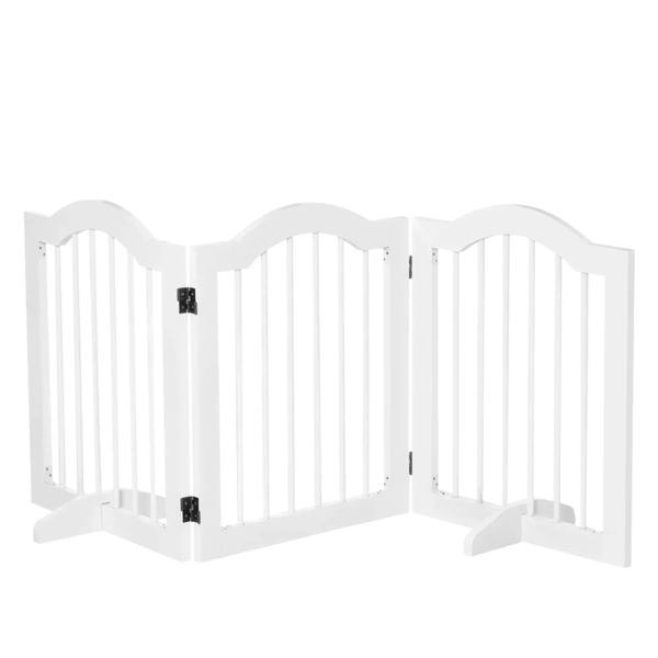 White 3-panel freestanding dog gate with vertical bars and curved top rails