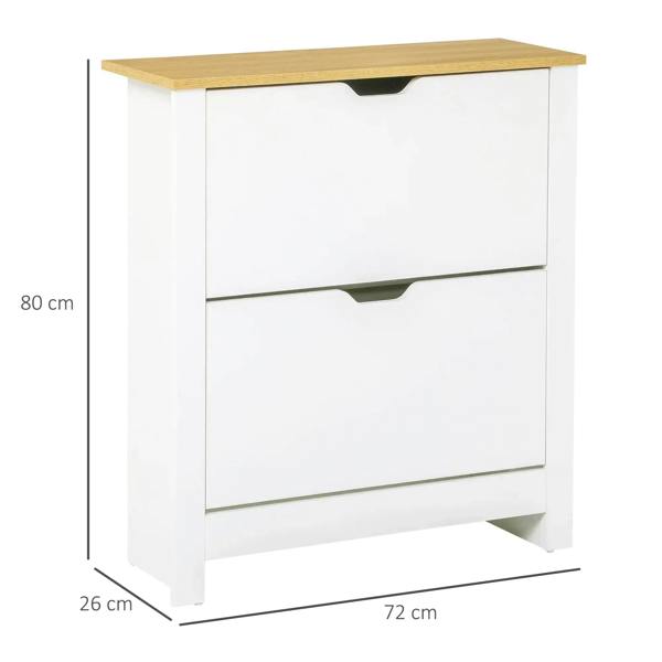White narrow shoe cabinet with wood-look top; dimensions 72x80x26 cm