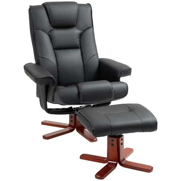 Black faux leather manual recliner with matching footstool, padded armrests and headrest.