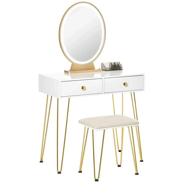 White vanity desk with oval LED mirror, two drawers, gold legs, cushioned stool