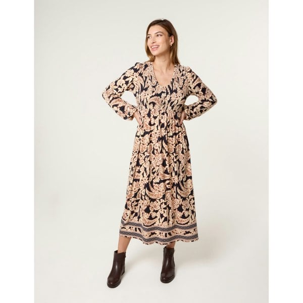 Blue Vanilla V Neck Shirred Border Print Midi Dress