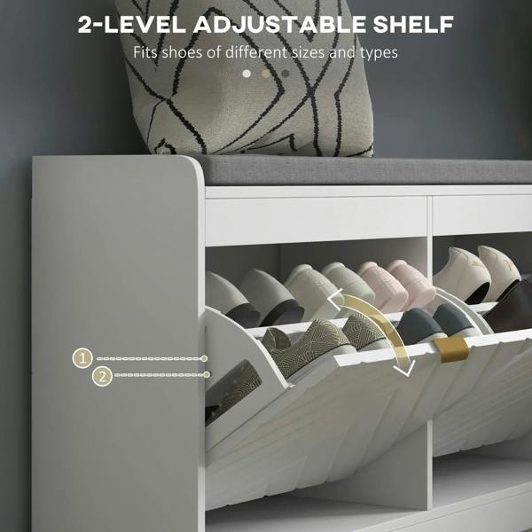 White shoe storage bench interior with adjustable dividers and flip drawer slots