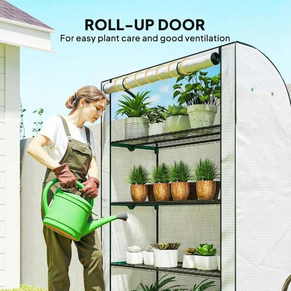 Bobobiy Mini Greenhouse with Reinforced PE Cover, Portable Indoor Outdoor Green House with Roll-up Door, 170 x 120 x 50cm, White