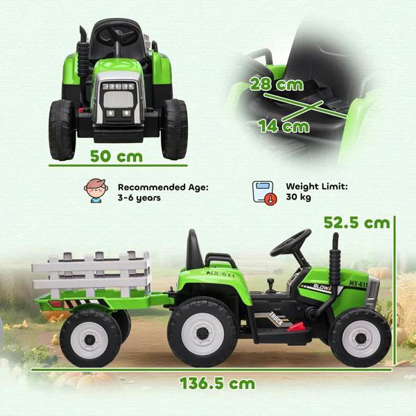 Green ride-on tractor with detachable trailer, with size and weight graphic