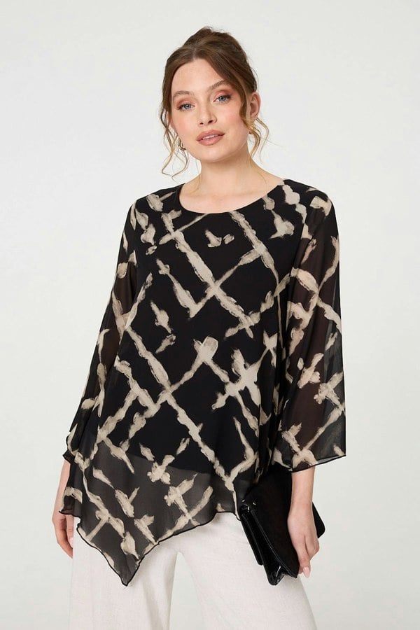 Black | Printed Asymmetric Semi Sheer Tunic Top
