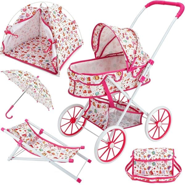 deAO Toys Kids Baby Doll Stroller & Accessories Set – Tent, Beach Chair, Umbrella & Bag, Role‑Play Toy for Girls & Boys Ages 3+