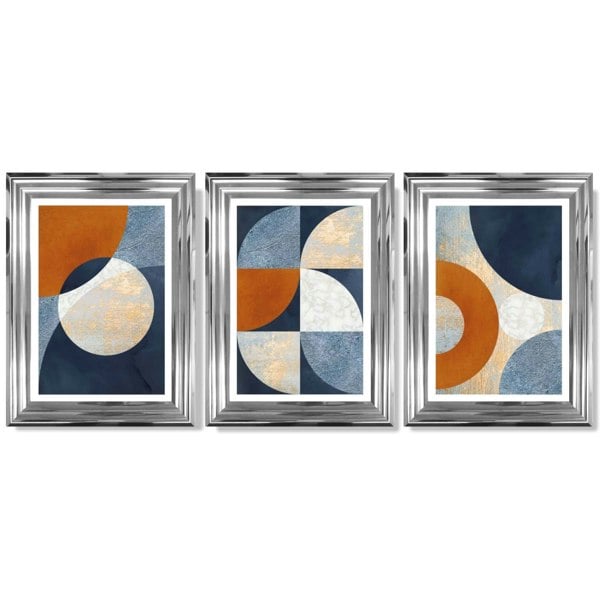 Artze Wall Art Abstract GEOMETRIC Set of 3 Navy Blue Orange and Gold Framed Art Prints