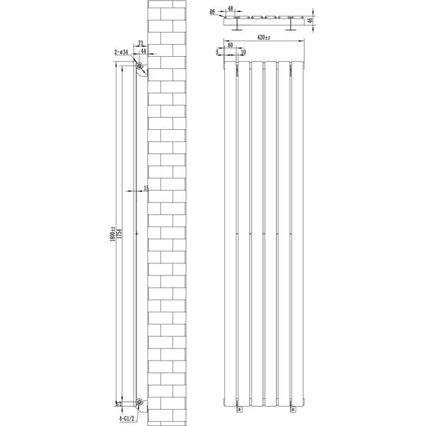 Flat single column radiator in sleek black, measuring 1800 x 420mm, featuring a modern design with vertical lines and smooth finish