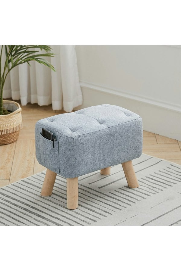 Living and Home Light Blue Linen Fabric Footstool Pouffe Ottoman with Pocket