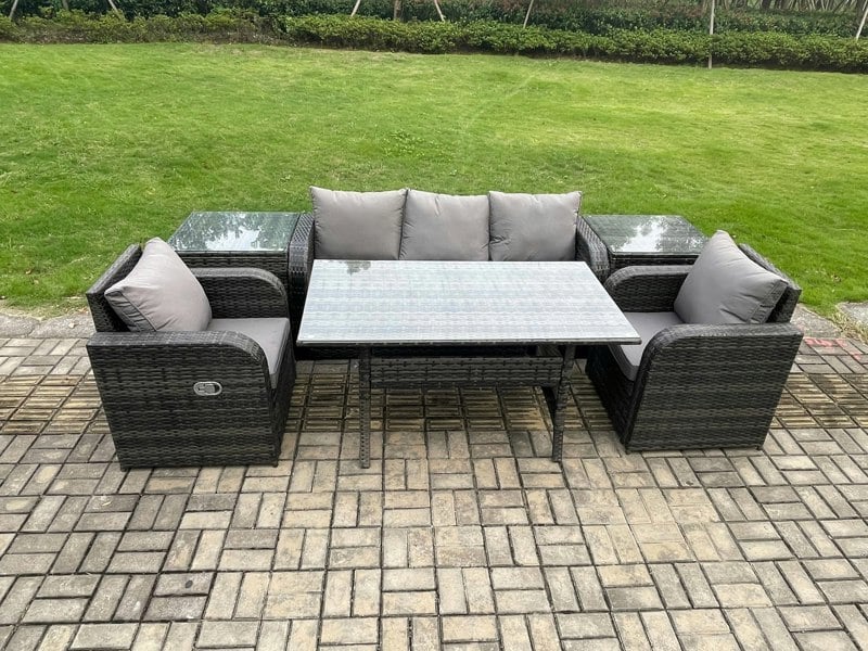 Fimous Wicker PE Rattan Garden Furniture Set Outdoor Rectangular Dining Table and Chair Sofa Set With 2 PC Side Table Dark Grey Mixed
