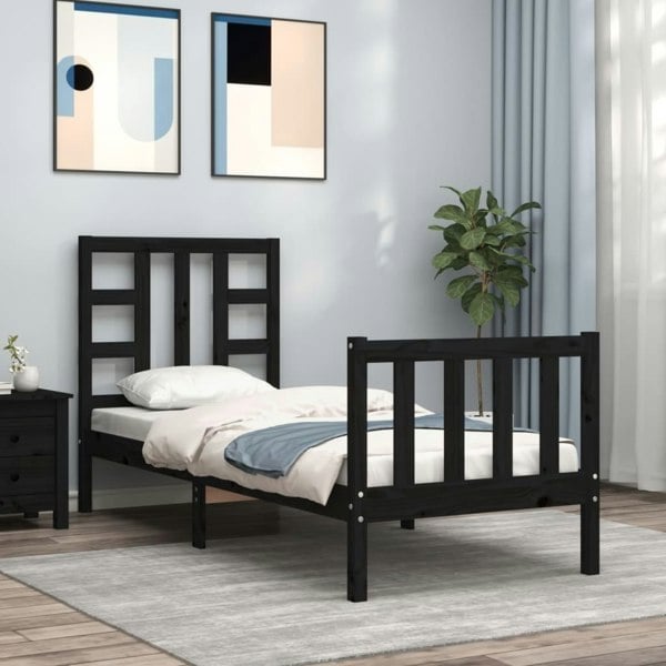 Berkfield Bed Frame with Headboard Black Small Single Solid Wood