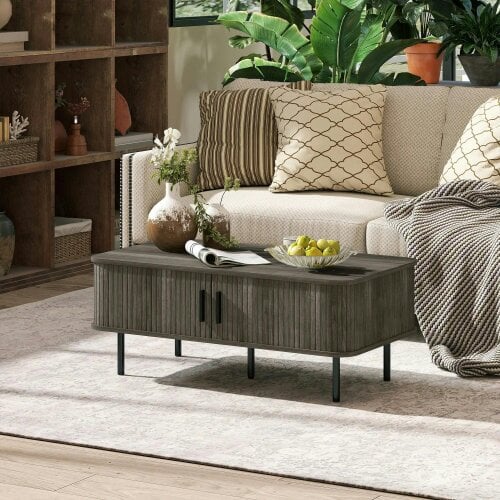 Bobobiy Coffee Table with Storage, Rectangular Coffee Table with Elevated Base, Grey Wood-Effect