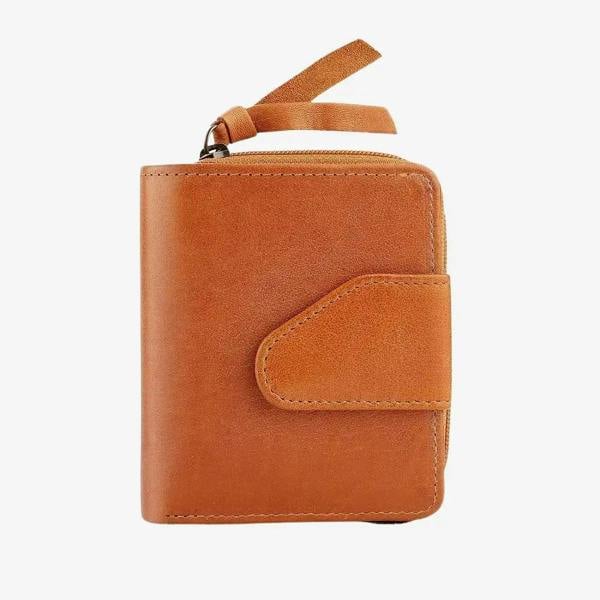 Front view of cognac leather wallet on a white background