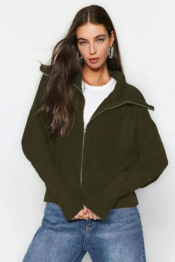Hoxton Gal Oversized Draped Collar Zip-Up Knit Cardigan